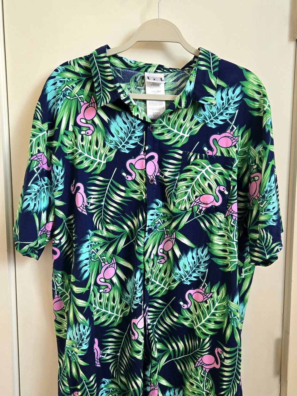 Tropical Flamingo Button-Down Shirt - Navy & Pink